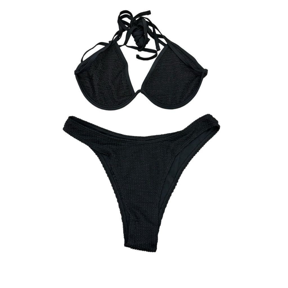 SHEIN Swim Black Halter Bikini Set Large Adjustable Tie